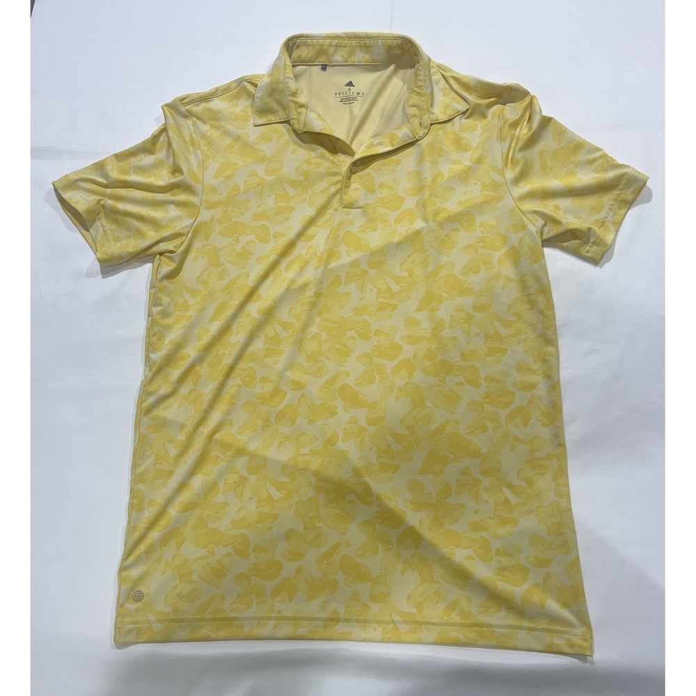 Adidas Polo Shirt Mens Small Yellow Flower All Over Golf Casual Performance